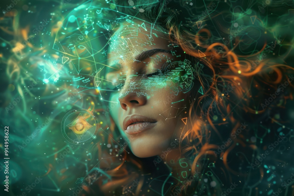 Golden-haired Serenity: mystical woman amidst space spheres on a fuzzy dark gold background Golden-haired Serenity: mystical woman amidst space spheres on a fuzzy dark gold background