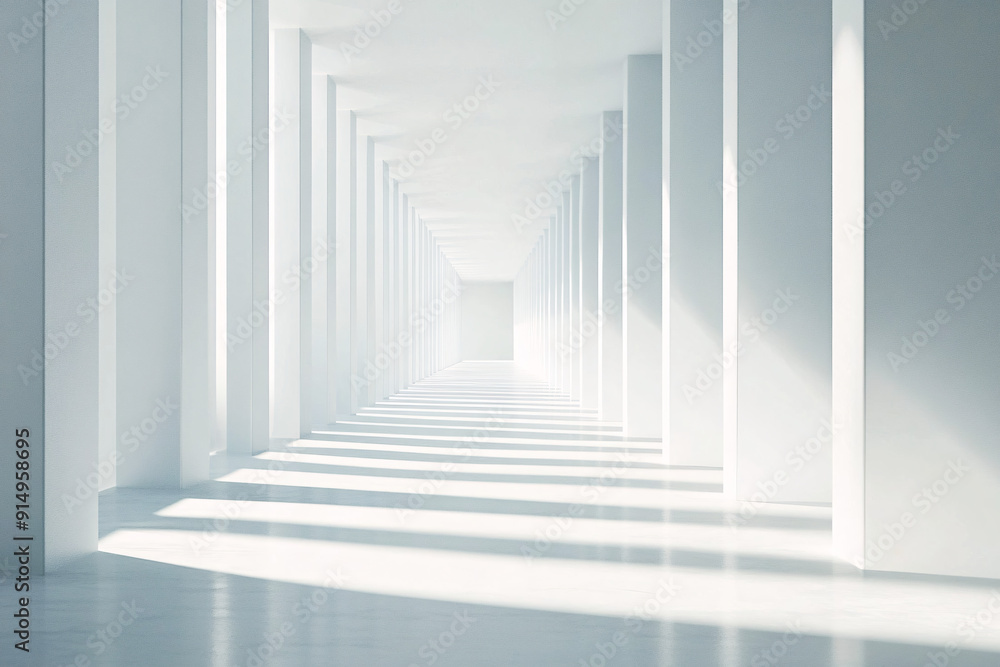 Fototapeta premium A bright, minimalistic white corridor filled with shadows, creating a sense of depth, light, and endless possibilities in a modern design