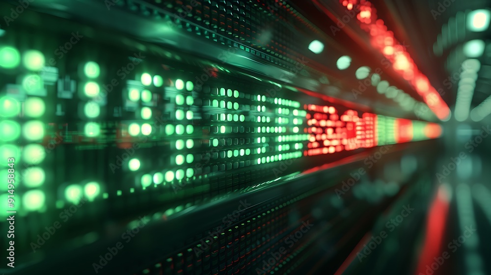 A high-quality image of a digital stock ticker with fluctuating numbers, green and red LEDs prominently displayed. The background features a slightly blurred office environment, A high-quality image of a digital stock ticker with fluctuating numbers, green and red LEDs prominently displayed. The background features a slightly blurred office environment,