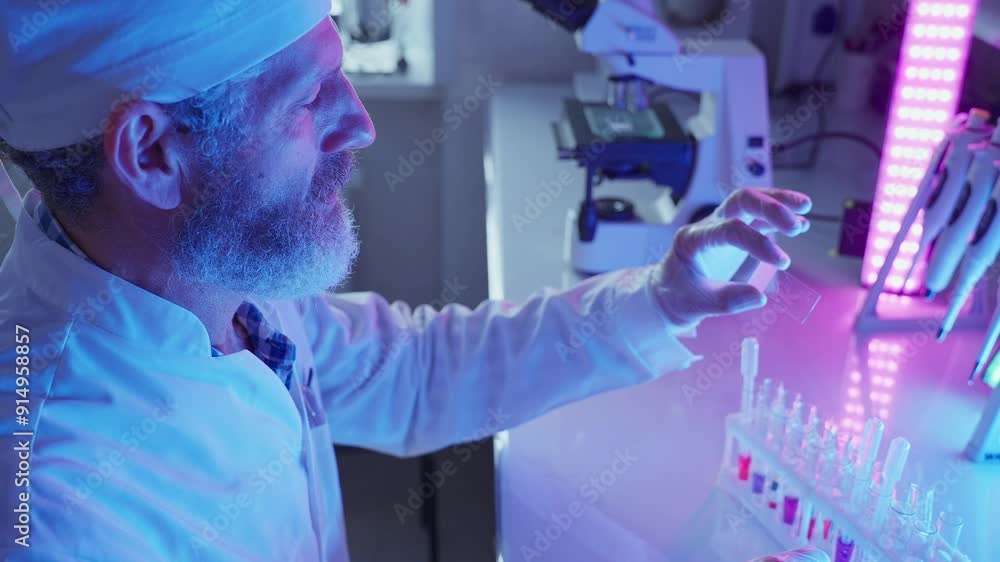Laboratory Chemist Analyzing Chemical Samples Under Neon Lights Laboratory Chemist Analyzing Chemical Samples Under Neon Lights