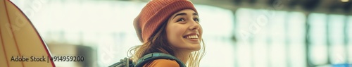 Exuberant Traveler: A Joyful Young Woman with Surfboard and Backpack, Exuding Anticipation for Adventure at the Airport. photo