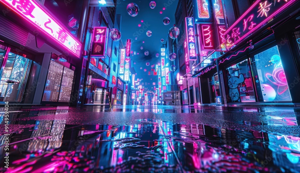 Neon Lights and Reflections in a Wet City Street Neon Lights and Reflections in a Wet City Street