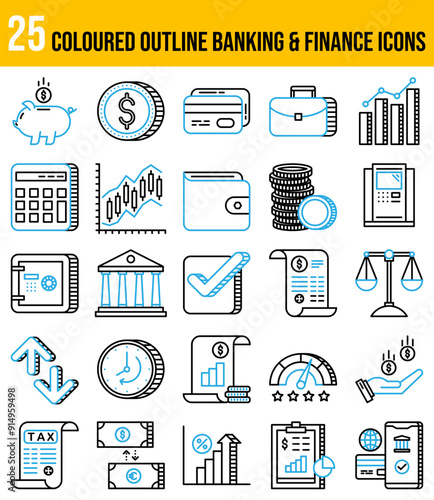 Banking & Finance - Editable Icons set. Vector illustration in modern thin coloured line style of banking-related icons: currency, bank, graph and more.