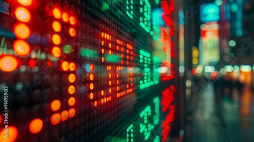 A high-resolution close-up of a digital stock ticker displaying fluctuating numbers, with bright green and red LEDs, capturing the dynamic changes in real-time.