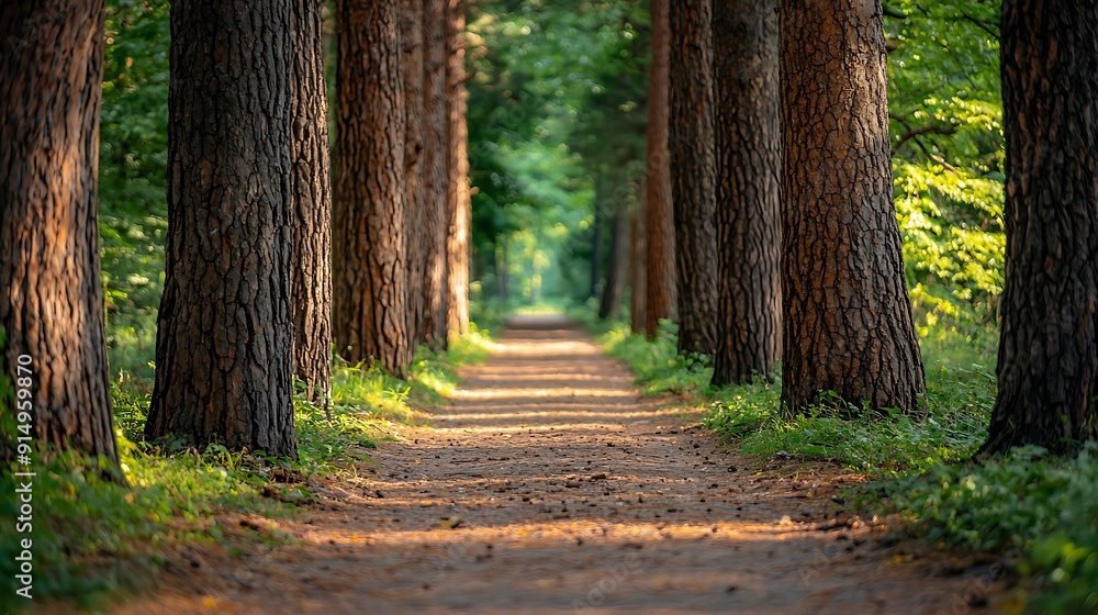 Obraz premium Sunlit forest path winds through emerald green foliage