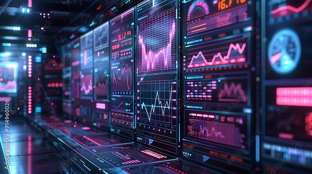 A high-resolution image of a futuristic interface displaying stock trends and data analytics, holographic screens with intricate graphs and charts. A high-resolution image of a futuristic interface displaying stock trends and data analytics, holographic screens with intricate graphs and charts.