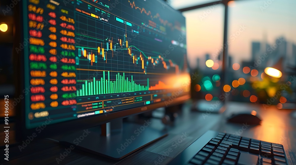 A high-resolution photograph of real-time stock market data on a computer screen, vibrant green and red numbers, intricate stock charts, and graphs, with a professional office background. A high-resolution photograph of real-time stock market data on a computer screen, vibrant green and red numbers, intricate stock charts, and graphs, with a professional office background.