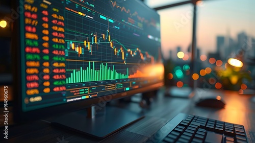 Wallpaper Mural A high-resolution photograph of real-time stock market data on a computer screen, vibrant green and red numbers, intricate stock charts, and graphs, with a professional office background. Torontodigital.ca