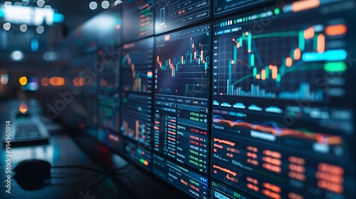 A professional close-up photograph of a cryptocurrency trading interface alongside traditional stock data, displayed on a large screen. The background features a modern office with soft lighting,