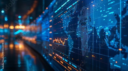 A professional close-up photograph of a digital map showing global stock exchanges, with detailed indicators and major financial centers highlighted.