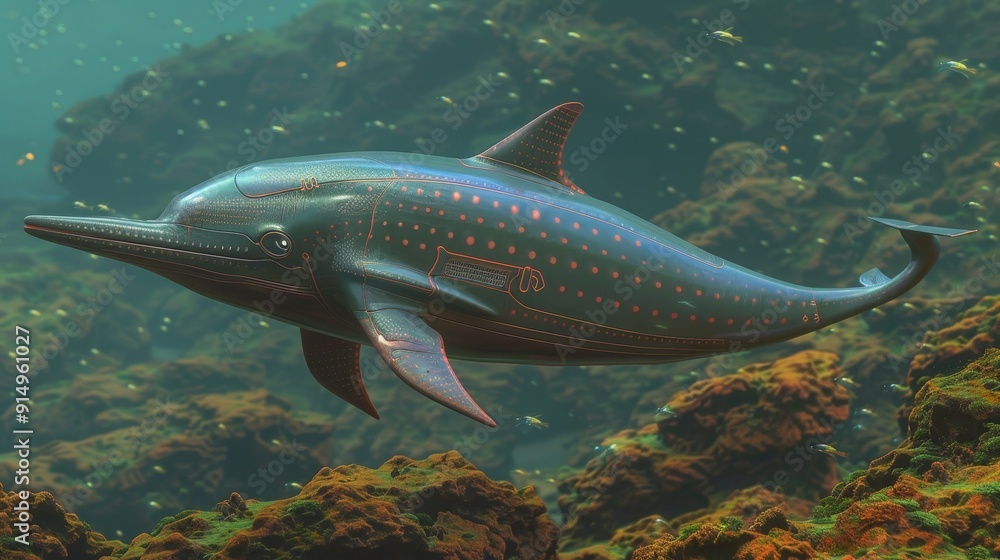 Fototapeta premium Biomechanical Dolphin in Aquatic Landscape