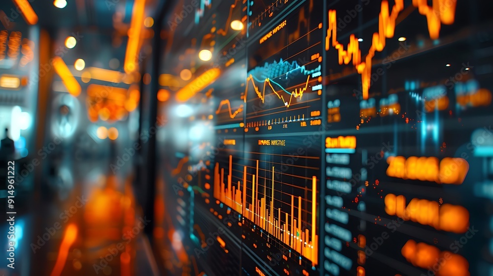 A professional close-up photograph of a stock market dashboard with detailed charts and indicators, displayed on a large screen. The background features a modern office with soft lighting, A professional close-up photograph of a stock market dashboard with detailed charts and indicators, displayed on a large screen. The background features a modern office with soft lighting,