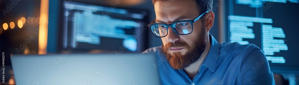 Cyber Security Engineer Analyzing Network Vulnerabilities on Laptop in Modern Office Setting with Technical Resources Cyber Security Engineer Analyzing Network Vulnerabilities on Laptop in Modern Office Setting with Technical Resources
