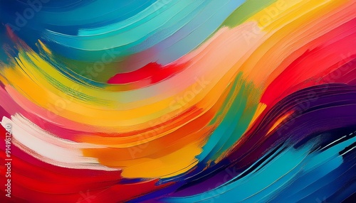 Vibrant abstract painting with fluid brush strokes in a spectrum of colors creating waves of red, yellow, blue, and green hues