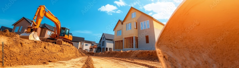 Dynamic Residential Neighborhood Under Construction with Multiple Homes at Different Stages of Completion Dynamic Residential Neighborhood Under Construction with Multiple Homes at Different Stages of Completion