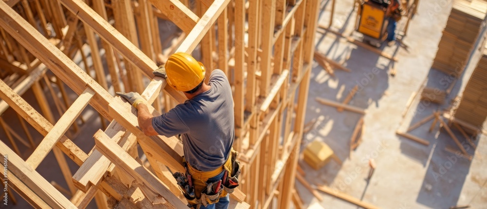 Organized and Productive Residential Construction Site with Workers Installing Roofing on Partially Built Home Organized and Productive Residential Construction Site with Workers Installing Roofing on Partially Built Home