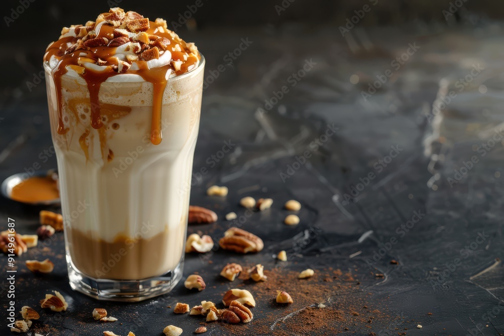 Caramel Milkshake on Dark Blurred Background Caramel Milkshake on Dark Blurred Background