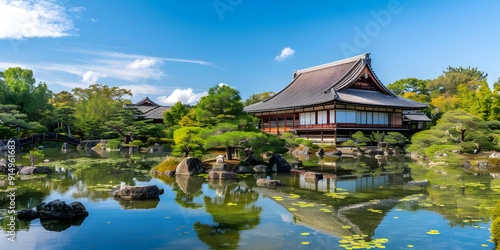 Japanese Garden Pond and Traditional Architecture - Realistic Photo