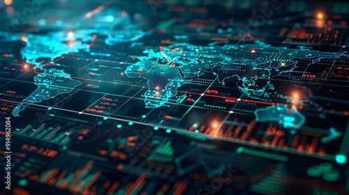 A realistic image of a digital map displaying global stock exchanges, with detailed indicators and data points. The map is set against a dark background,