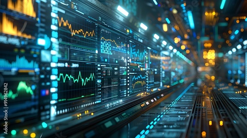 A realistic image of a virtual stock market trading floor with holographic displays, showing detailed stock data and analytics. The trading floor is surrounded by glowing blue and green lights,