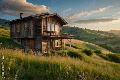 A house on a hill with mountains background