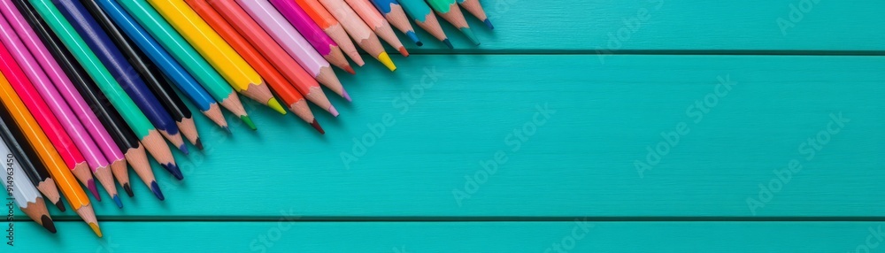 Fototapeta premium Colorful pencils arranged on a vibrant turquoise background, perfect for art, creativity, and education themes.