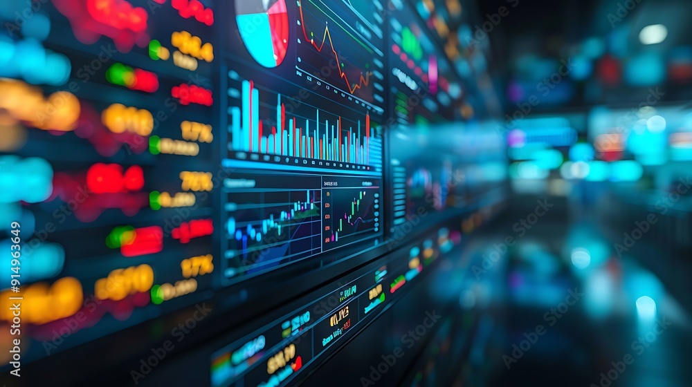 A sharp close-up photograph of a stock market dashboard with bright and colorful graphs and indicators, displayed on a large monitor. A sharp close-up photograph of a stock market dashboard with bright and colorful graphs and indicators, displayed on a large monitor.
