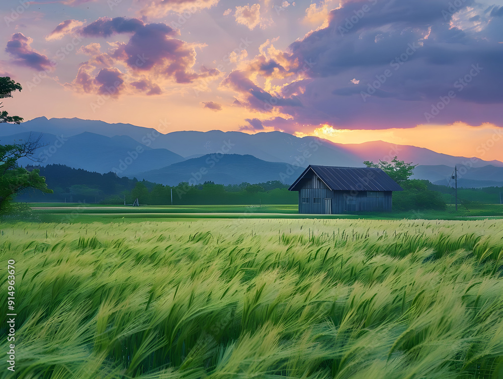 Barn in Green Field with Sunset and Mountains Photo Barn in Green Field with Sunset and Mountains Photo