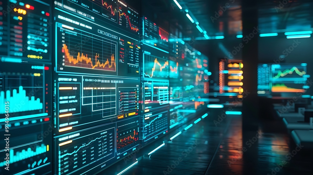 A sharp photograph of a futuristic interface showing stock trends and data analytics, with bright and colorful holographic screens. A sharp photograph of a futuristic interface showing stock trends and data analytics, with bright and colorful holographic screens.