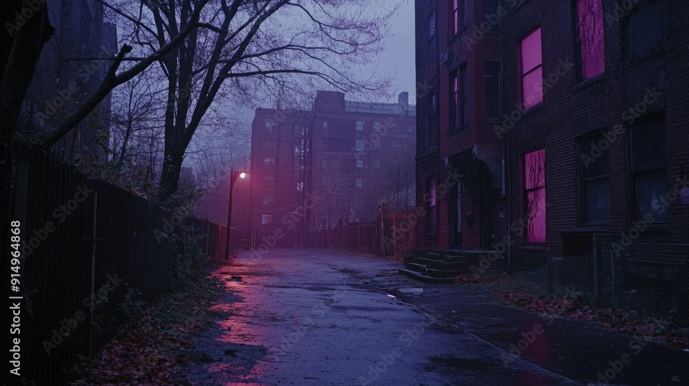 Gloomy, abandoned street with eerie glowing windows Gloomy, abandoned street with eerie glowing windows