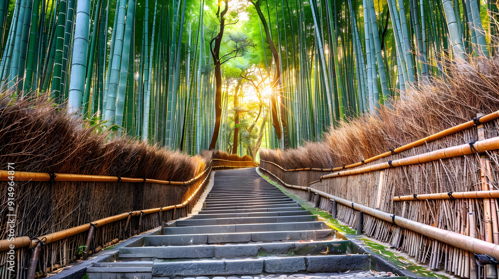 Fototapeta premium Stone Steps Leading Through a Lush Bamboo Forest - Photo