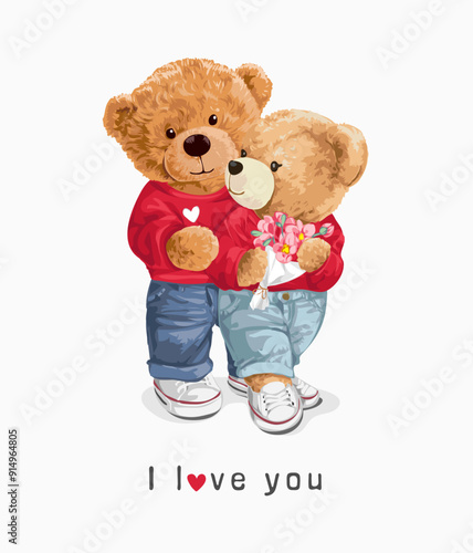i love you slogan with cute bear doll lover couple hand drawn vector illustration