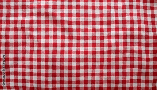 Classic red and white gingham fabric texture with a wrinkled appearance, perfect for table settings or picnic themes