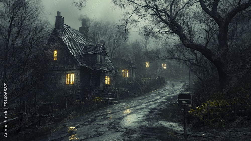 Gloomy, abandoned street with eerie glowing windows Gloomy, abandoned street with eerie glowing windows