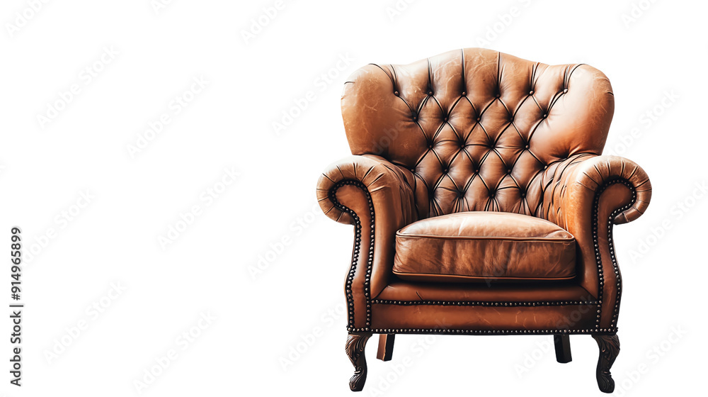 Elegant brown leather armchair with tufted design, ideal for classic home decor or stylish office settings. Elegant brown leather armchair with tufted design, ideal for classic home decor or stylish office settings.