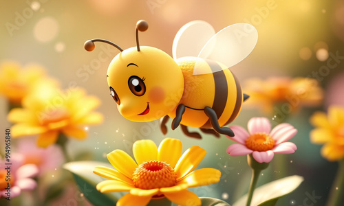 A children-friendly cartoon fantasy style 3D-rendered baby bee, with vibrant colors and playful design