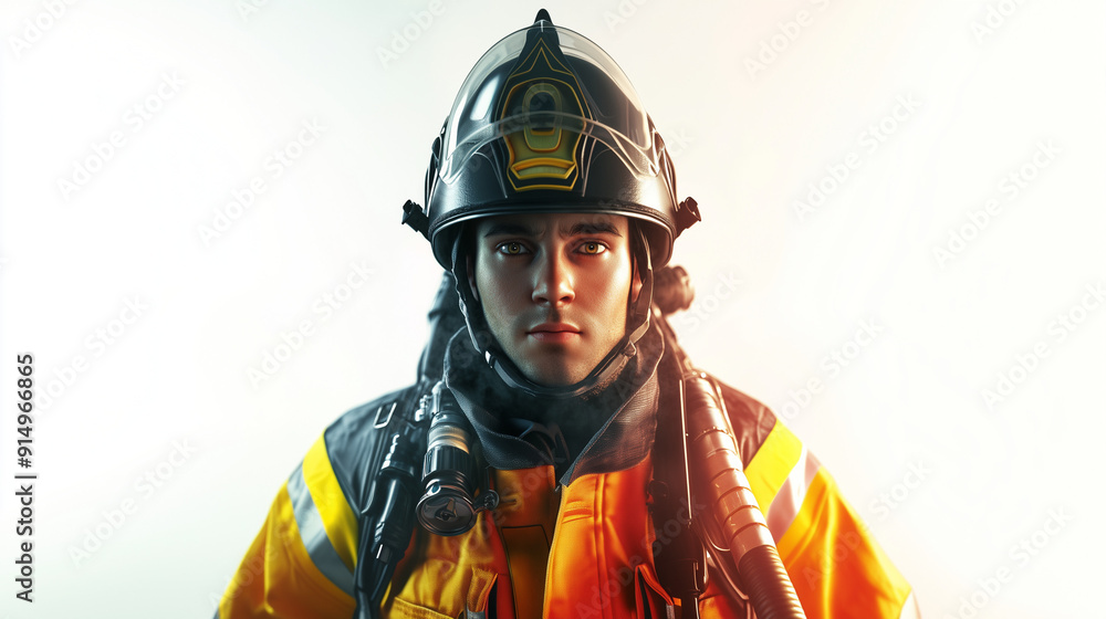 Fototapeta premium 3d rendered firefighter cartoon man in uniform holding a hose with a determined expression on a white background