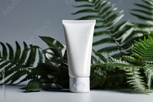 Organic cosmetic product tube on green leaves as background. Natural eco cosmetic and organic plant based skin care concept.