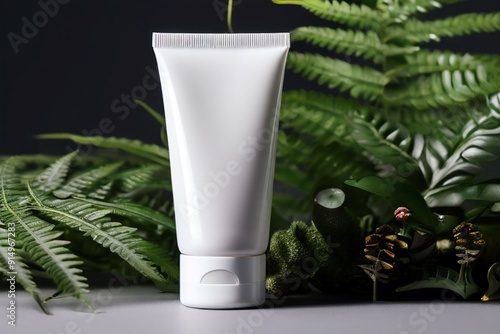 Organic cosmetic product tube on green leaves as background. Natural eco cosmetic and organic plant based skin care concept.