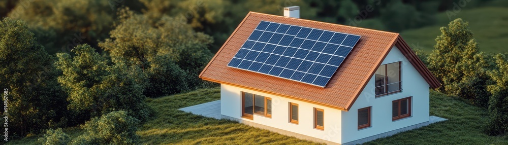 Fototapeta premium A modern house featuring solar panels on the roof, surrounded by lush greenery and a clear sky, embodying eco-friendly living.
