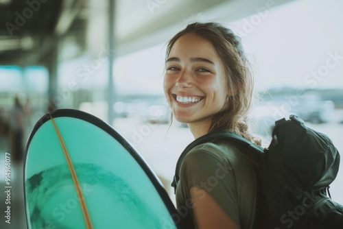 Exuberant Traveler: A Joyful Young Woman with Surfboard and Backpack, Exuding Anticipation for Adventure at the Airport. photo