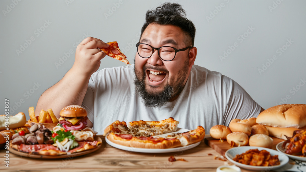 ピザを食べる日本人男性 ピザを食べる日本人男性