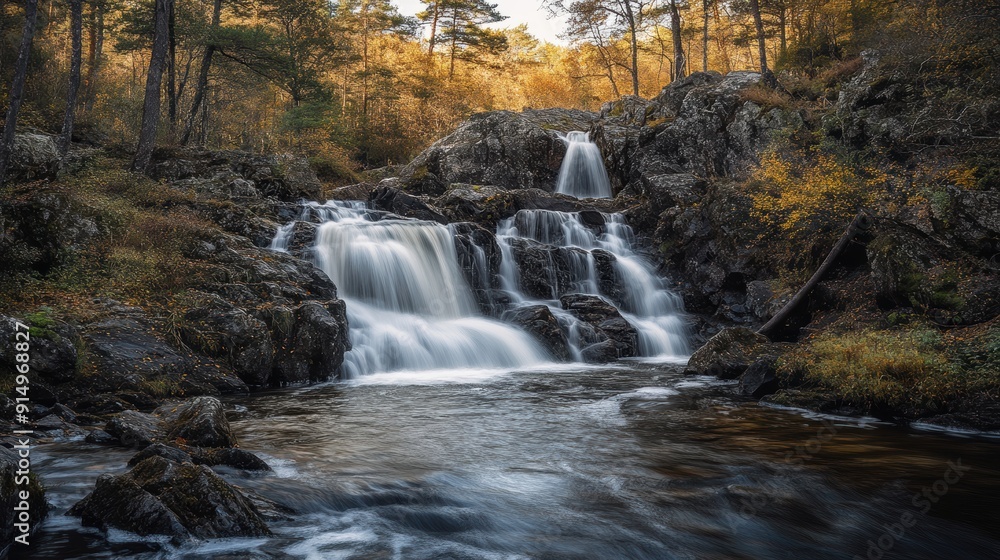 Obraz premium A serene, multi-tiered waterfall flows over rocky cliffs into a calm pool, surrounded by lush, autumn-colored foliage and forested landscape.