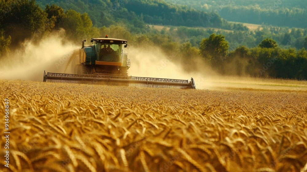Fototapeta premium A large, powerful combine harvester plows through a ripe wheat field, casting a trail of dust and capturing the essence of agricultural labor.