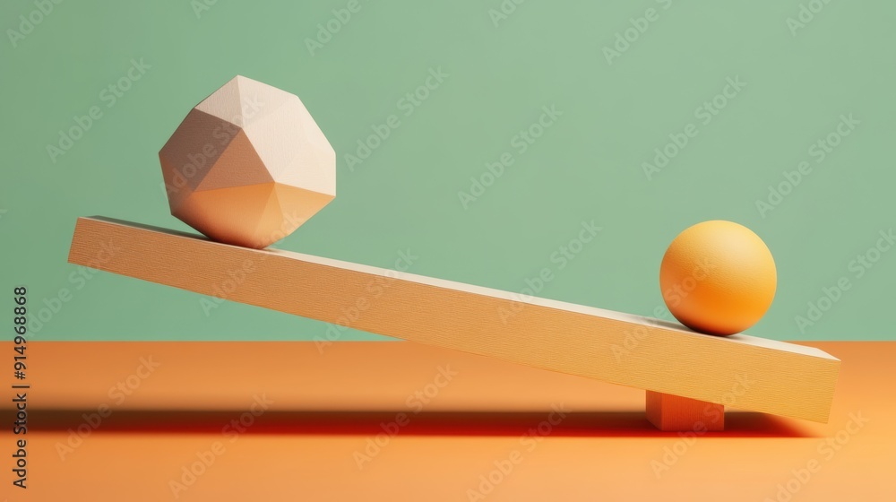 A minimalist conceptual art piece features a geometric balance scale with a polyhedron and a sphere, set against pastel backgrounds. A minimalist conceptual art piece features a geometric balance scale with a polyhedron and a sphere, set against pastel backgrounds.