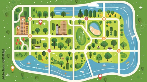 Colorful illustrated map of a city park showcasing trees, buildings, pathways, water bodies, and greenery.