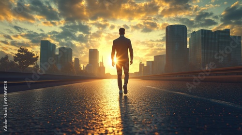 A silhouette walks down a city street at sunrise, symbolizing ambition and new beginnings, with towering skyscrapers dwarfing the figure against a vibrant sky. photo