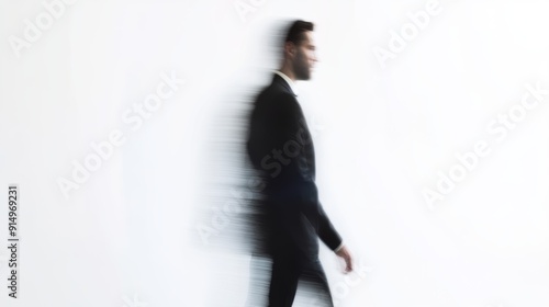 Dynamic shot of a man in a suit walking briskly, blurred motion conveying a sense of movement and urgency against a stark white background. photo