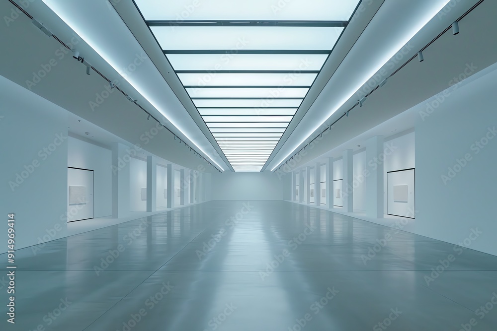 Modern, minimalist white gallery hall with polished floors, illuminated ceiling, and large windows, creating a bright and spacious environment. Modern, minimalist white gallery hall with polished floors, illuminated ceiling, and large windows, creating a bright and spacious environment.