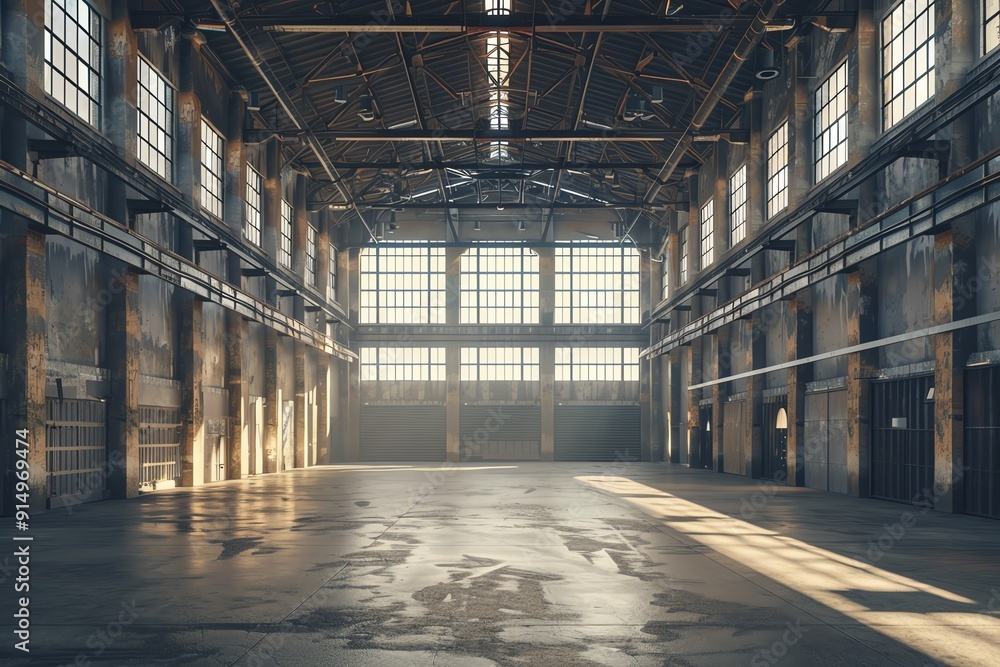 Empty industrial warehouse interior with large windows and natural light creating a spacious and airy atmosphere. Empty industrial warehouse interior with large windows and natural light creating a spacious and airy atmosphere.